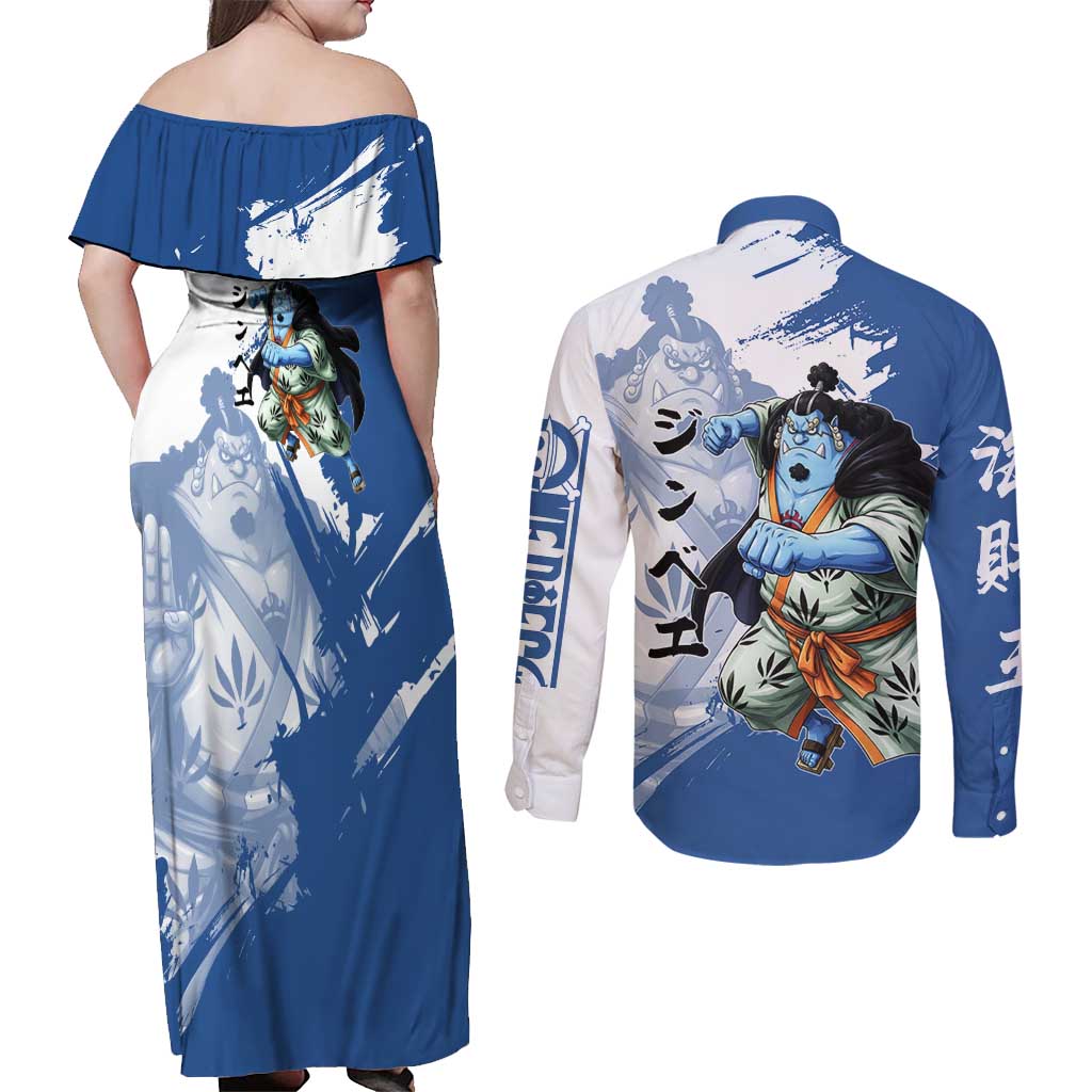 Jinbe One Piece Anime Couples Matching Off Shoulder Maxi Dress and Long Sleeve Button Shirt Japanese Samurai Illustration Graphic