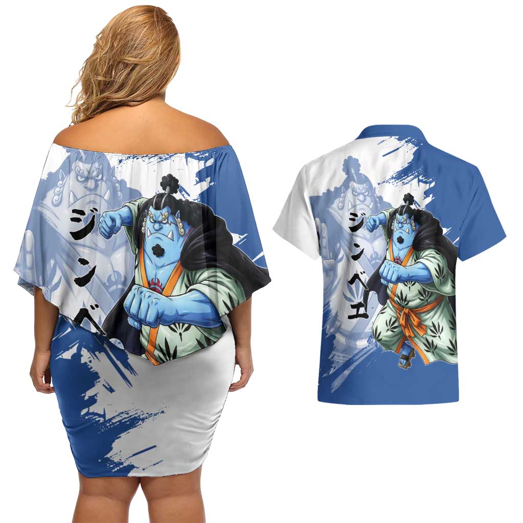 Jinbe One Piece Anime Couples Matching Off Shoulder Short Dress and Hawaiian Shirt Japanese Samurai Illustration Graphic