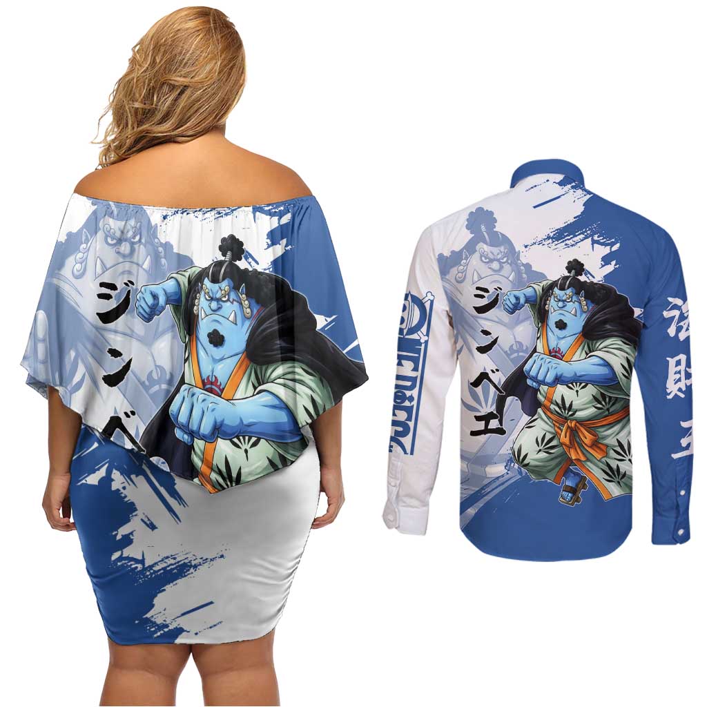 Jinbe One Piece Anime Couples Matching Off Shoulder Short Dress and Long Sleeve Button Shirt Japanese Samurai Illustration Graphic