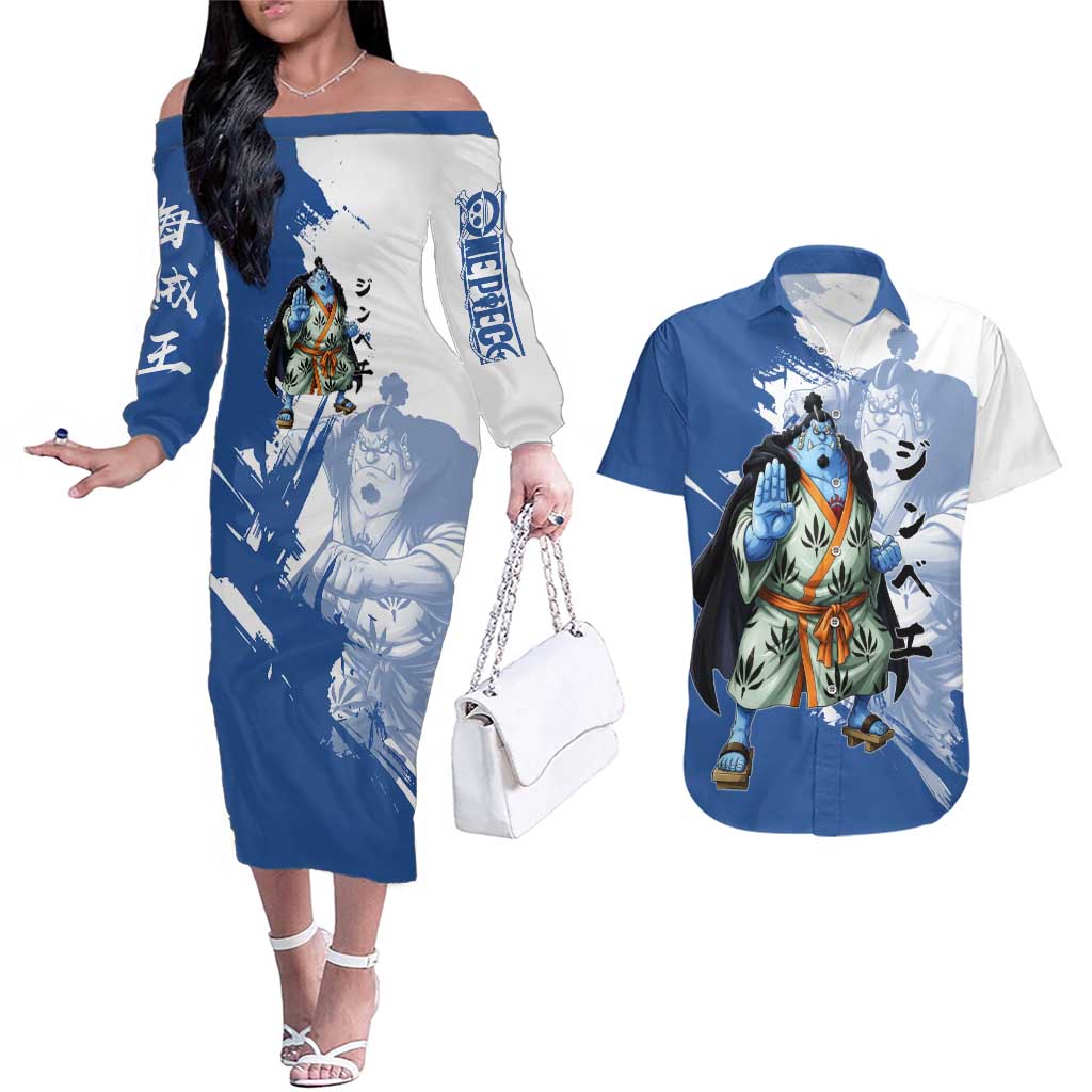 Jinbe One Piece Anime Couples Matching Off The Shoulder Long Sleeve Dress and Hawaiian Shirt Japanese Samurai Illustration Graphic