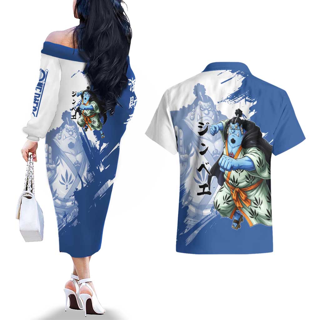 Jinbe One Piece Anime Couples Matching Off The Shoulder Long Sleeve Dress and Hawaiian Shirt Japanese Samurai Illustration Graphic