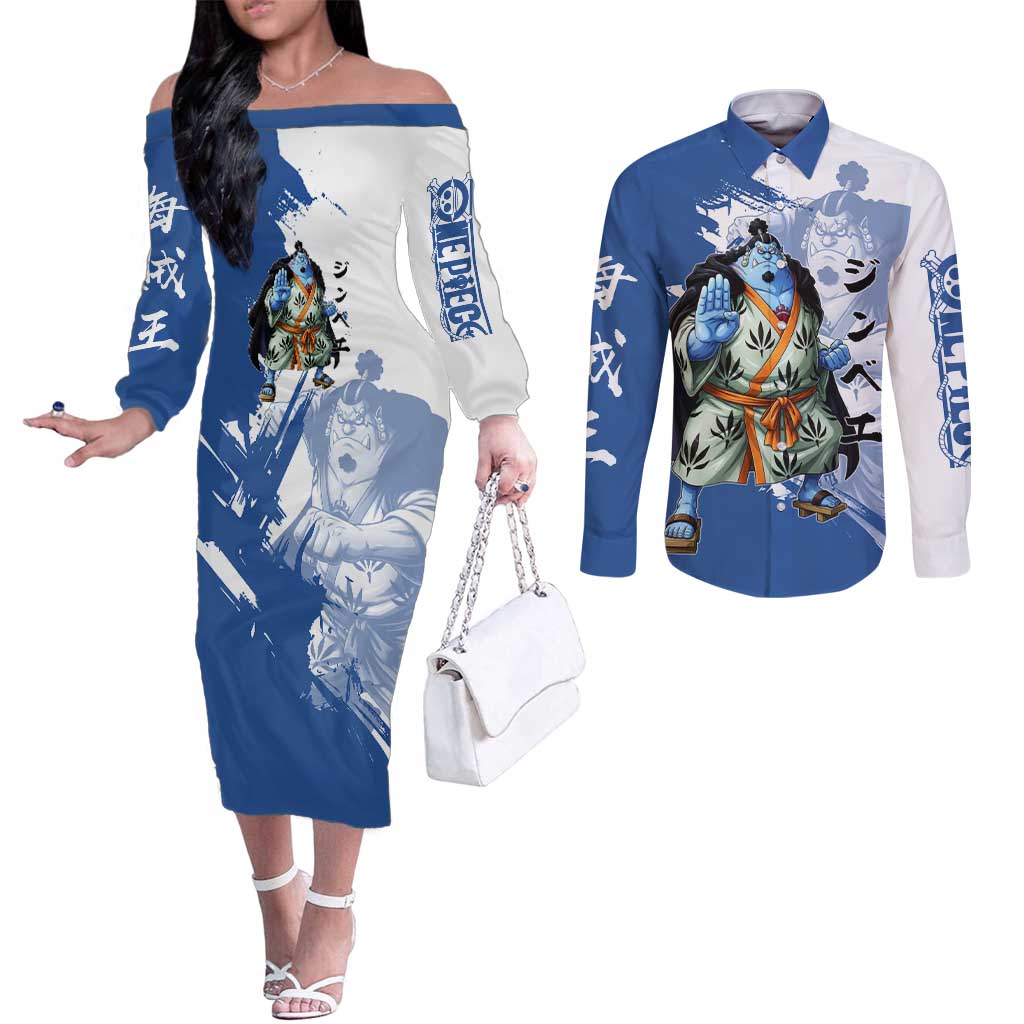 Jinbe One Piece Anime Couples Matching Off The Shoulder Long Sleeve Dress and Long Sleeve Button Shirt Japanese Samurai Illustration Graphic