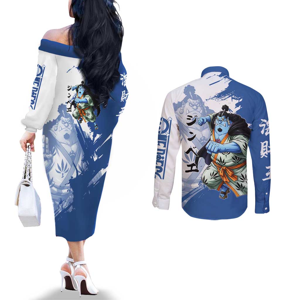 Jinbe One Piece Anime Couples Matching Off The Shoulder Long Sleeve Dress and Long Sleeve Button Shirt Japanese Samurai Illustration Graphic