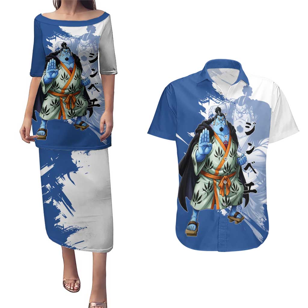 Jinbe One Piece Anime Couples Matching Puletasi and Hawaiian Shirt Japanese Samurai Illustration Graphic