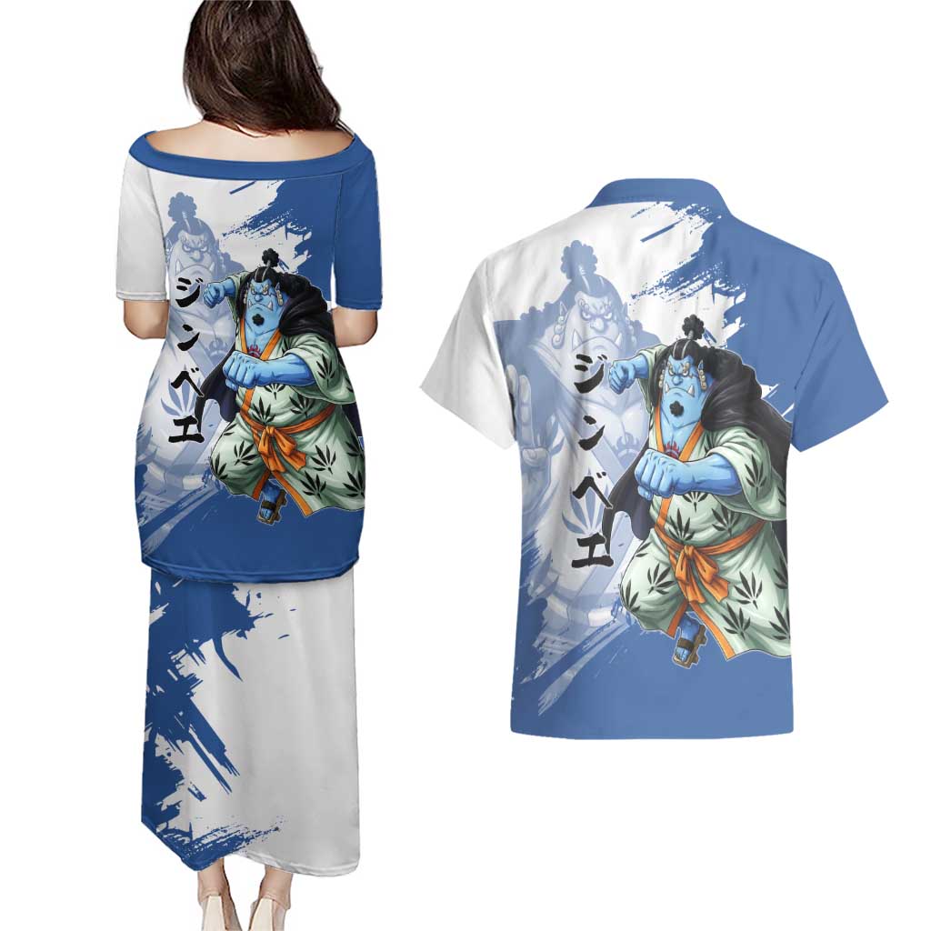 Jinbe One Piece Anime Couples Matching Puletasi and Hawaiian Shirt Japanese Samurai Illustration Graphic