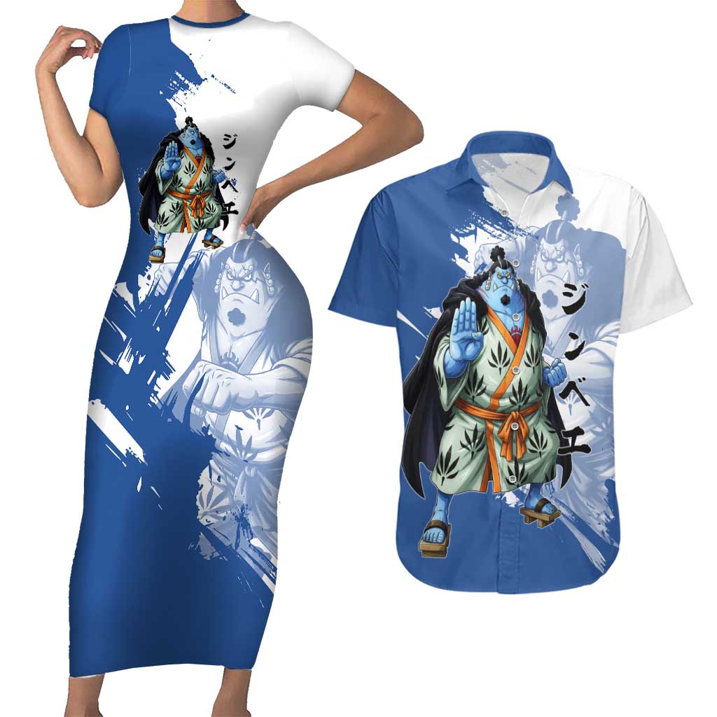 Jinbe One Piece Anime Couples Matching Short Sleeve Bodycon Dress and Hawaiian Shirt Japanese Samurai Illustration Graphic
