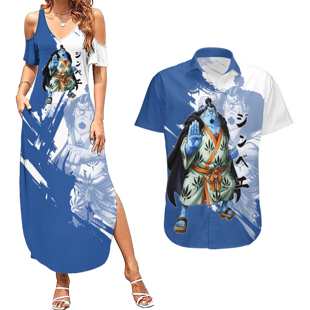 Jinbe One Piece Anime Couples Matching Summer Maxi Dress and Hawaiian Shirt Japanese Samurai Illustration Graphic