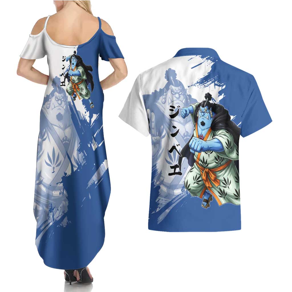 Jinbe One Piece Anime Couples Matching Summer Maxi Dress and Hawaiian Shirt Japanese Samurai Illustration Graphic
