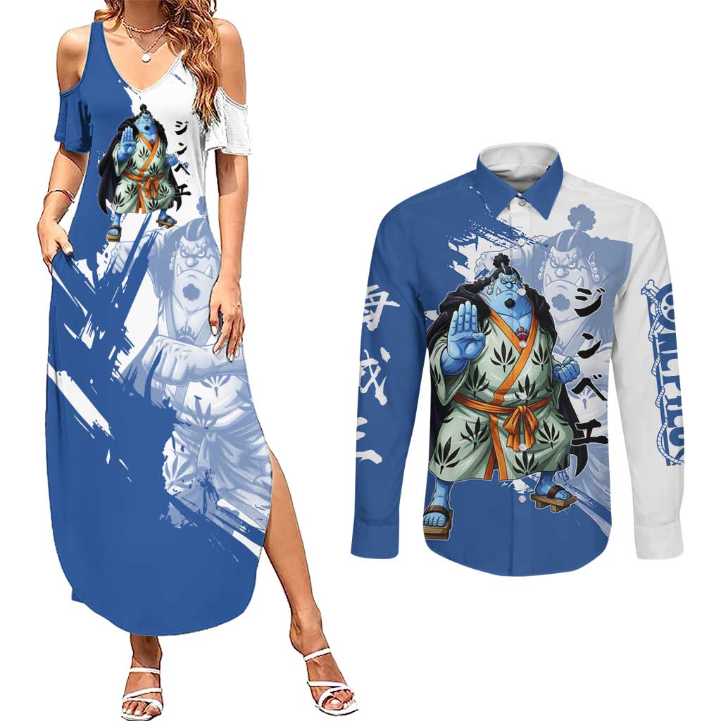 Jinbe One Piece Anime Couples Matching Summer Maxi Dress and Long Sleeve Button Shirt Japanese Samurai Illustration Graphic