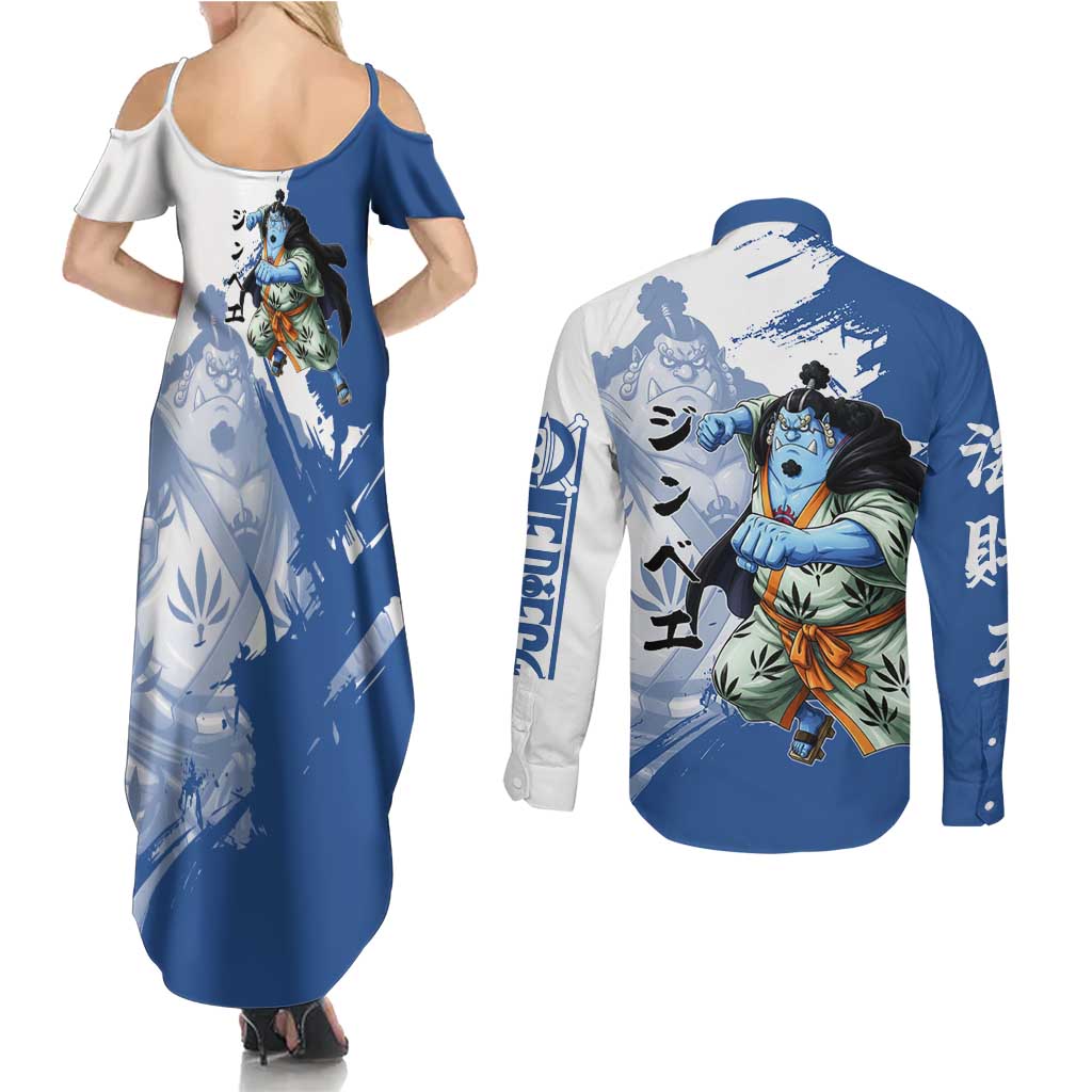 Jinbe One Piece Anime Couples Matching Summer Maxi Dress and Long Sleeve Button Shirt Japanese Samurai Illustration Graphic
