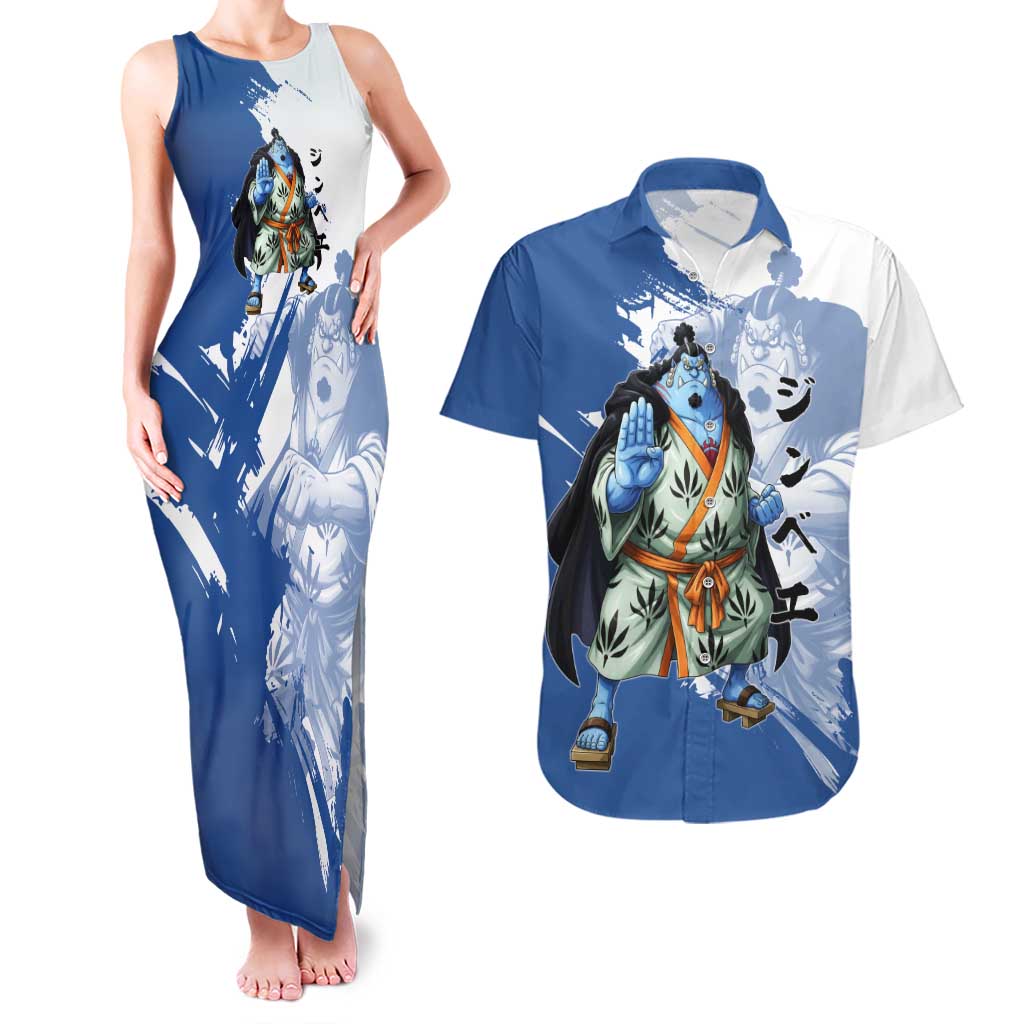 Jinbe One Piece Anime Couples Matching Tank Maxi Dress and Hawaiian Shirt Japanese Samurai Illustration Graphic
