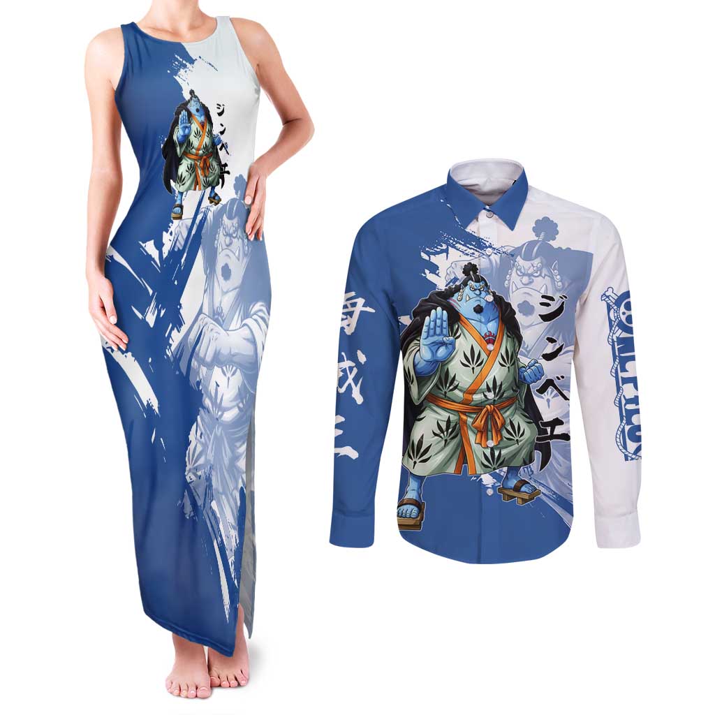 Jinbe One Piece Anime Couples Matching Tank Maxi Dress and Long Sleeve Button Shirt Japanese Samurai Illustration Graphic