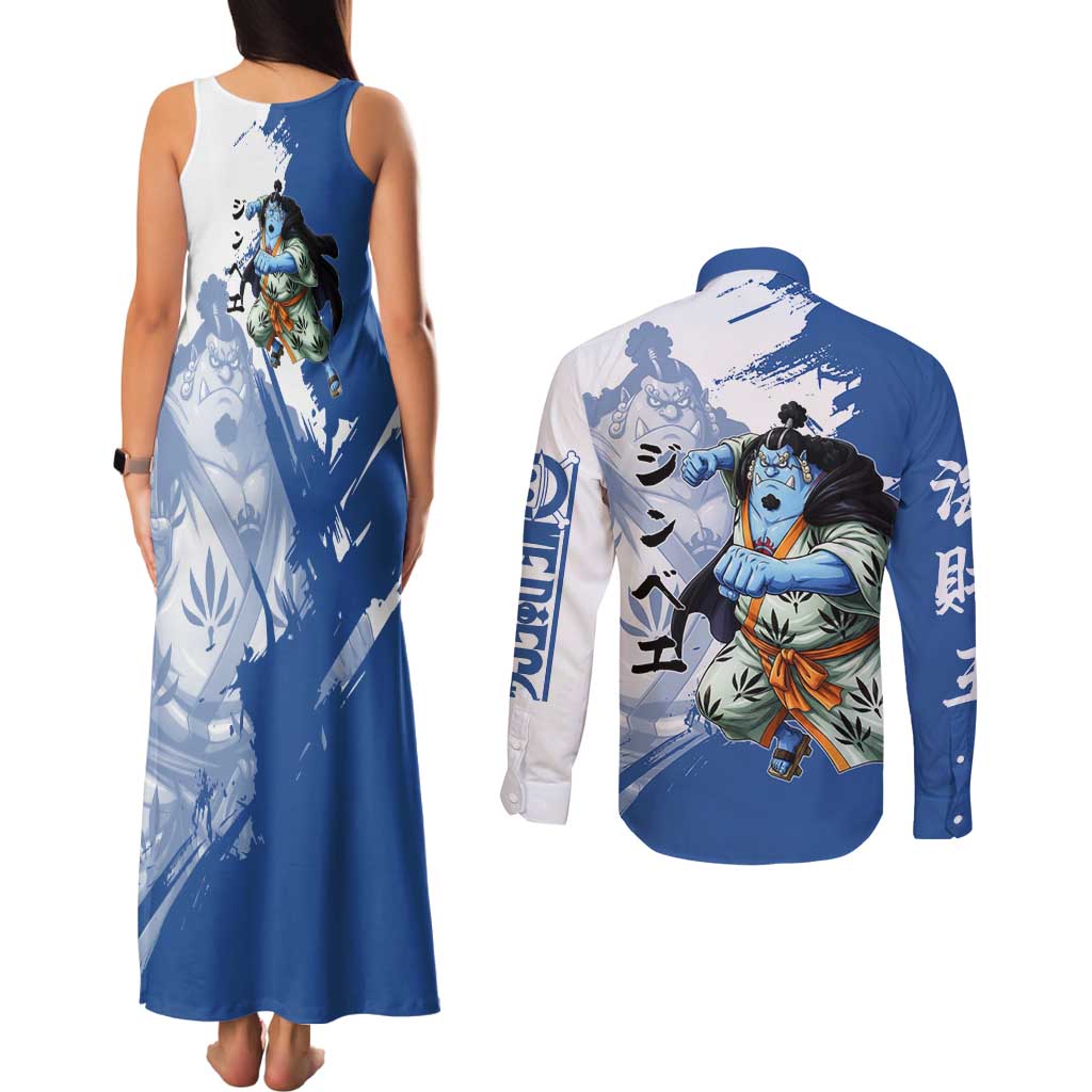 Jinbe One Piece Anime Couples Matching Tank Maxi Dress and Long Sleeve Button Shirt Japanese Samurai Illustration Graphic