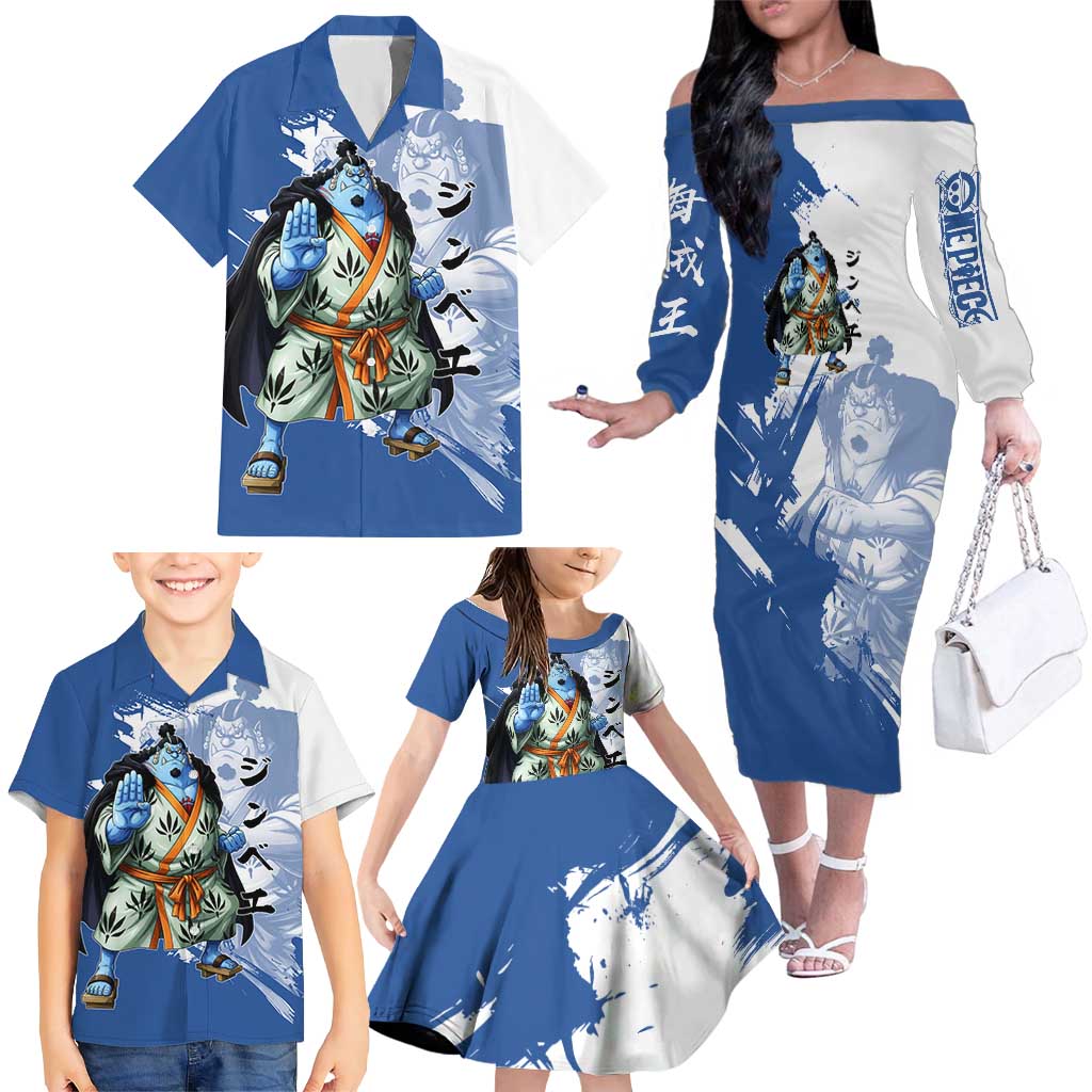 Jinbe One Piece Anime Family Matching Off The Shoulder Long Sleeve Dress and Hawaiian Shirt Japanese Samurai Illustration Graphic