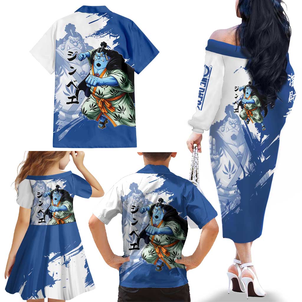 Jinbe One Piece Anime Family Matching Off The Shoulder Long Sleeve Dress and Hawaiian Shirt Japanese Samurai Illustration Graphic