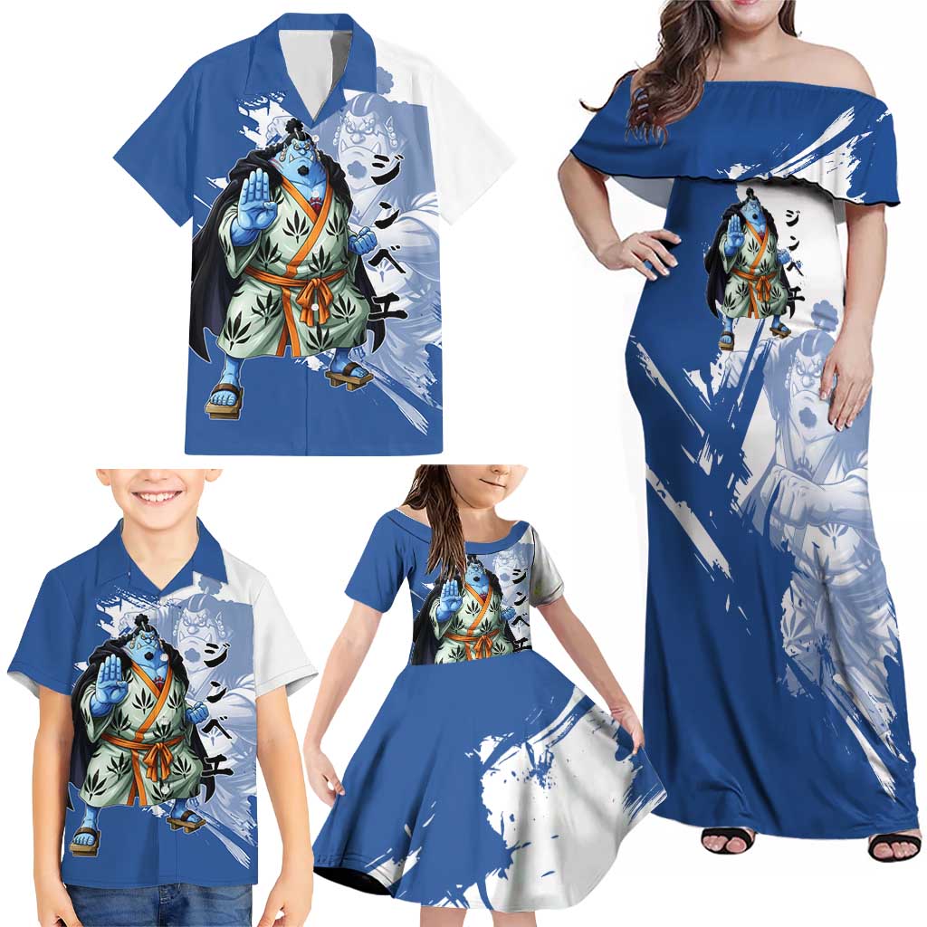 Jinbe One Piece Anime Family Matching Off Shoulder Maxi Dress and Hawaiian Shirt Japanese Samurai Illustration Graphic