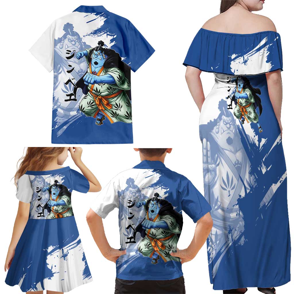 Jinbe One Piece Anime Family Matching Off Shoulder Maxi Dress and Hawaiian Shirt Japanese Samurai Illustration Graphic