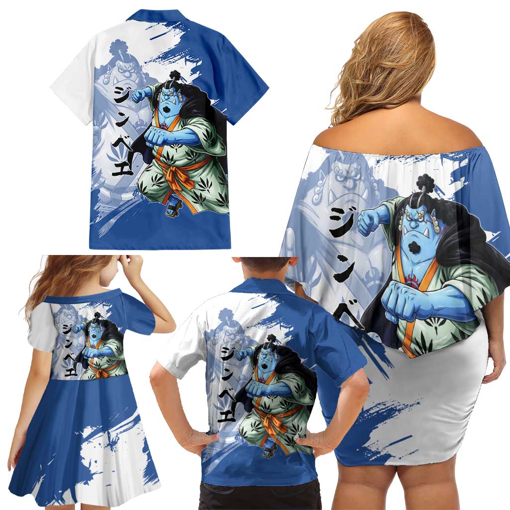Jinbe One Piece Anime Family Matching Off Shoulder Short Dress and Hawaiian Shirt Japanese Samurai Illustration Graphic
