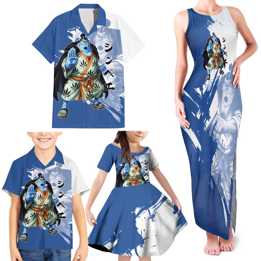 Jinbe One Piece Anime Family Matching Tank Maxi Dress and Hawaiian Shirt Japanese Samurai Illustration Graphic