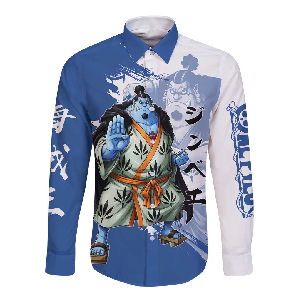 Jinbe One Piece Anime Long Sleeve Button Shirt Japanese Samurai Illustration Graphic