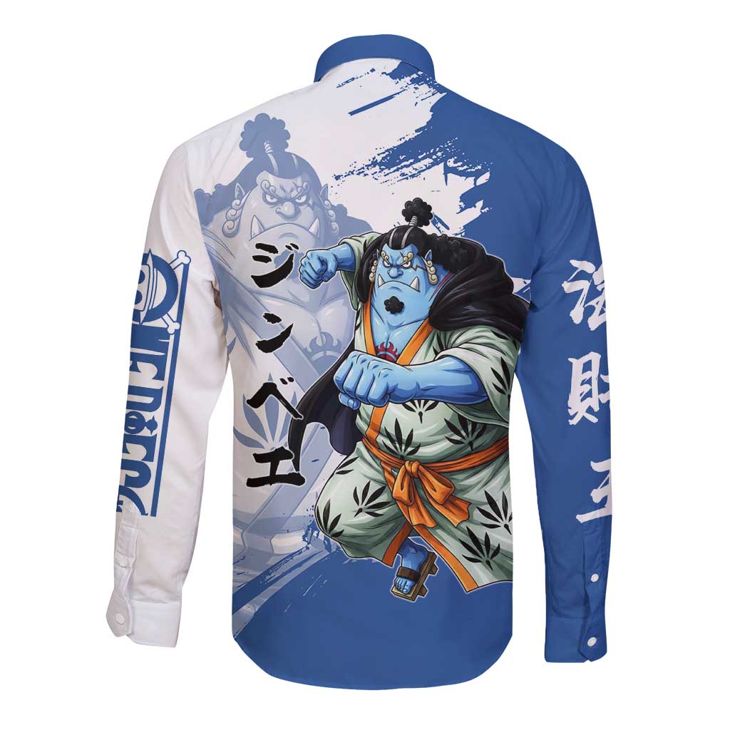 Jinbe One Piece Anime Long Sleeve Button Shirt Japanese Samurai Illustration Graphic