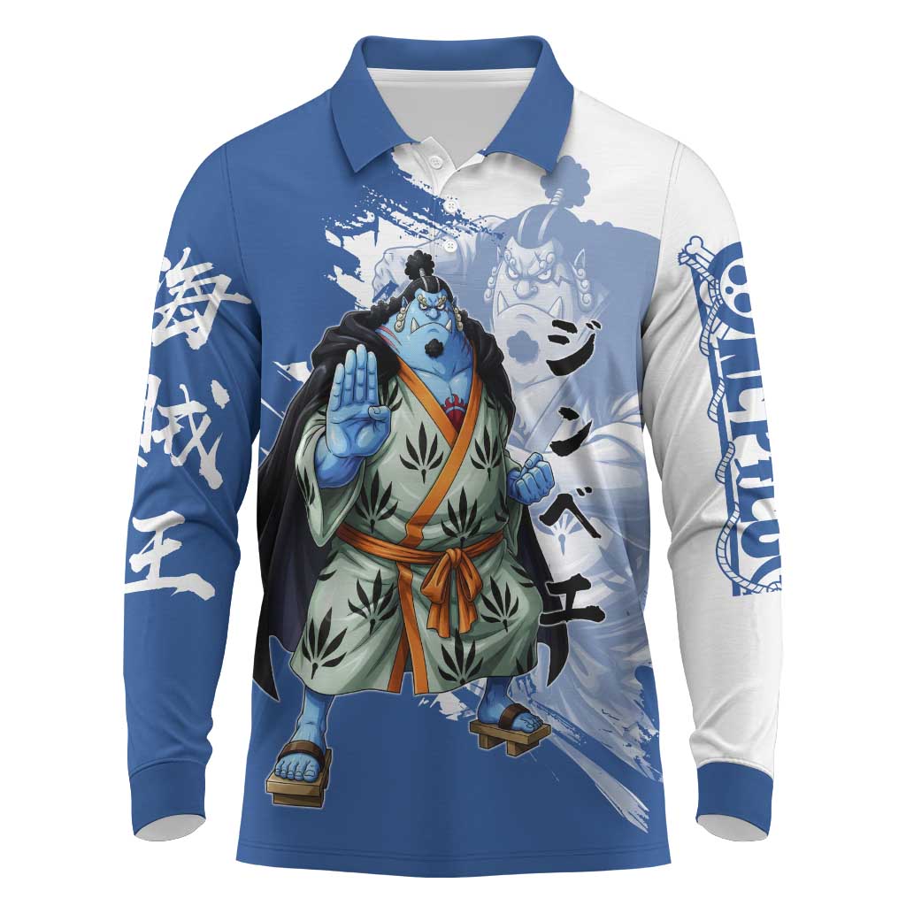 Jinbe One Piece Anime Long Sleeve Polo Shirt Japanese Samurai Illustration Graphic