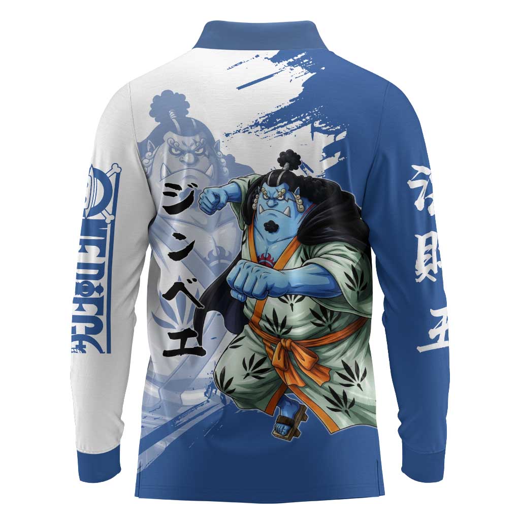 Jinbe One Piece Anime Long Sleeve Polo Shirt Japanese Samurai Illustration Graphic