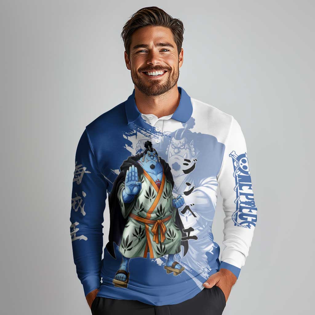 Jinbe One Piece Anime Long Sleeve Polo Shirt Japanese Samurai Illustration Graphic