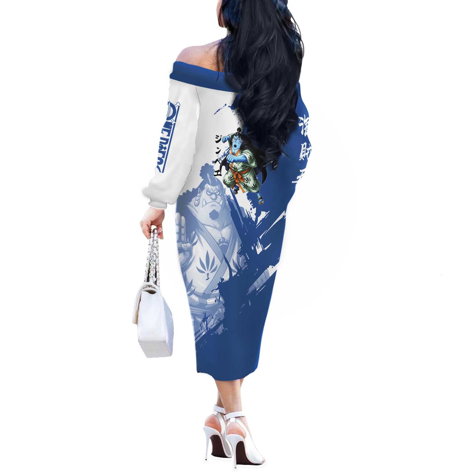 Jinbe One Piece Anime Off The Shoulder Long Sleeve Dress Japanese Samurai Illustration Graphic