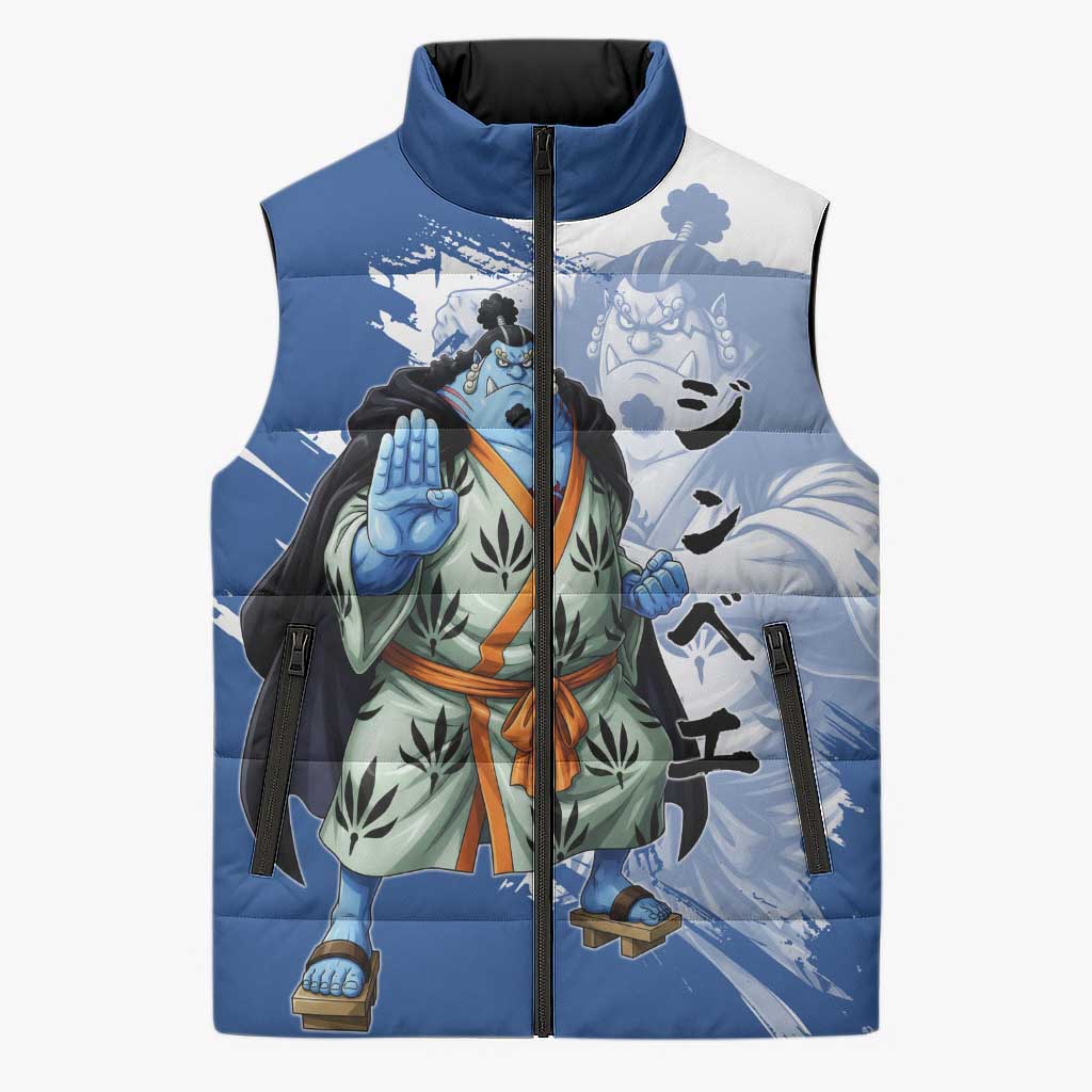 Jinbe One Piece Anime Sleeveless Puffer Jacket Japanese Samurai Illustration Graphic