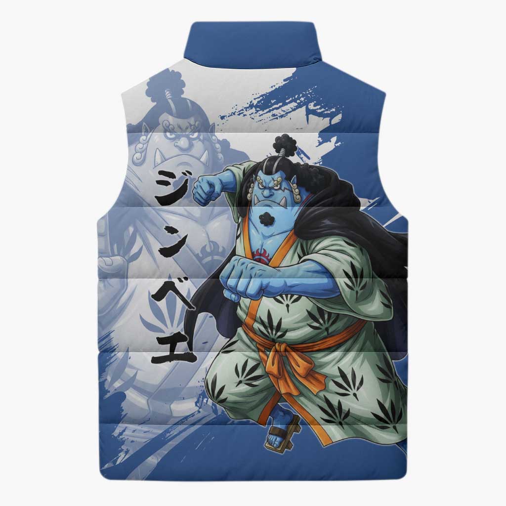 Jinbe One Piece Anime Sleeveless Puffer Jacket Japanese Samurai Illustration Graphic