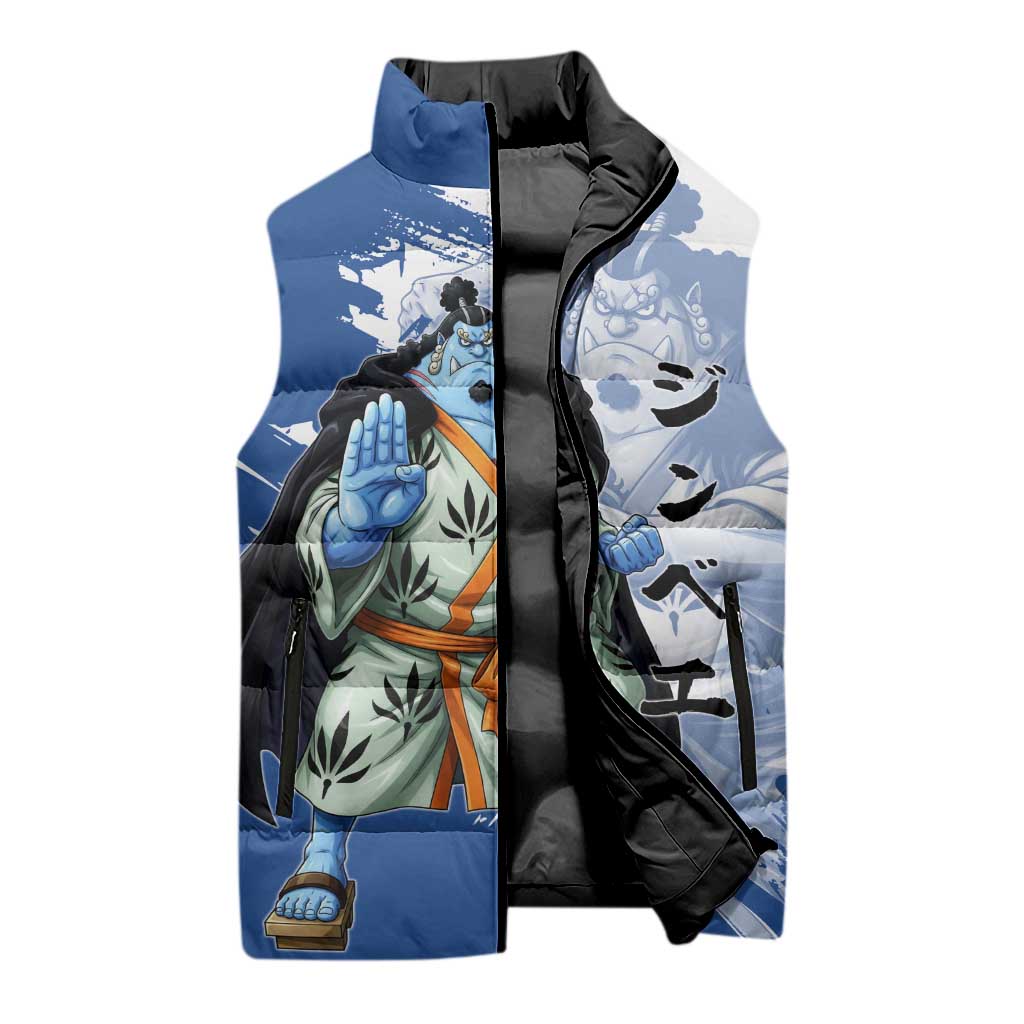 Jinbe One Piece Anime Sleeveless Puffer Jacket Japanese Samurai Illustration Graphic