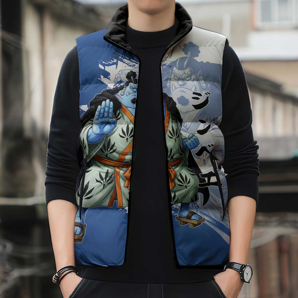 Jinbe One Piece Anime Sleeveless Puffer Jacket Japanese Samurai Illustration Graphic