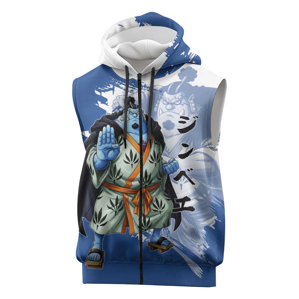 Jinbe One Piece Anime Sleeveless Zip Hoodie Japanese Samurai Illustration Graphic
