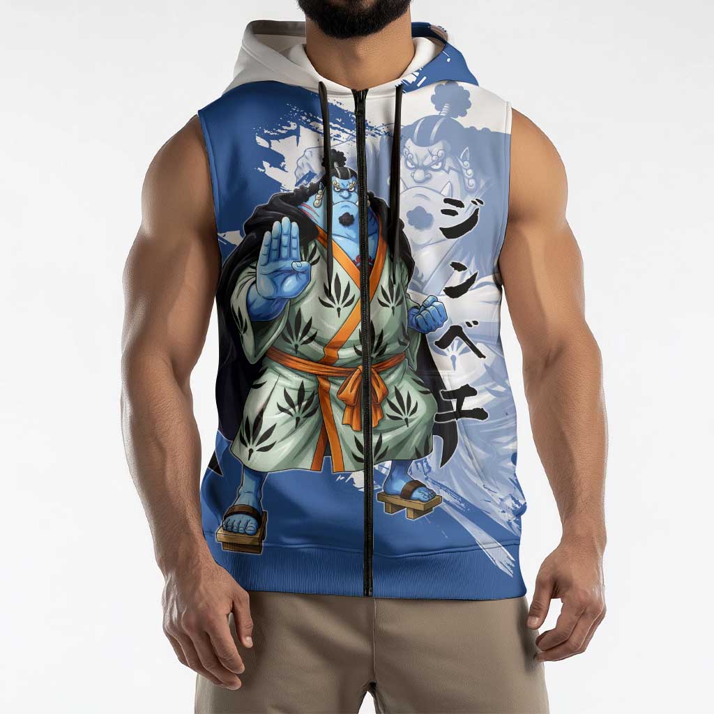 Jinbe One Piece Anime Sleeveless Zip Hoodie Japanese Samurai Illustration Graphic