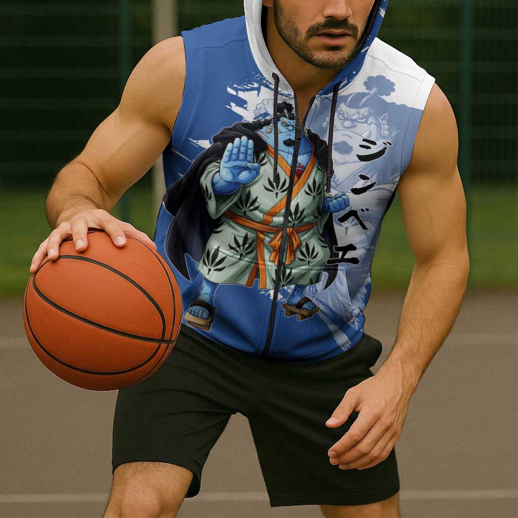 Jinbe One Piece Anime Sleeveless Zip Hoodie Japanese Samurai Illustration Graphic