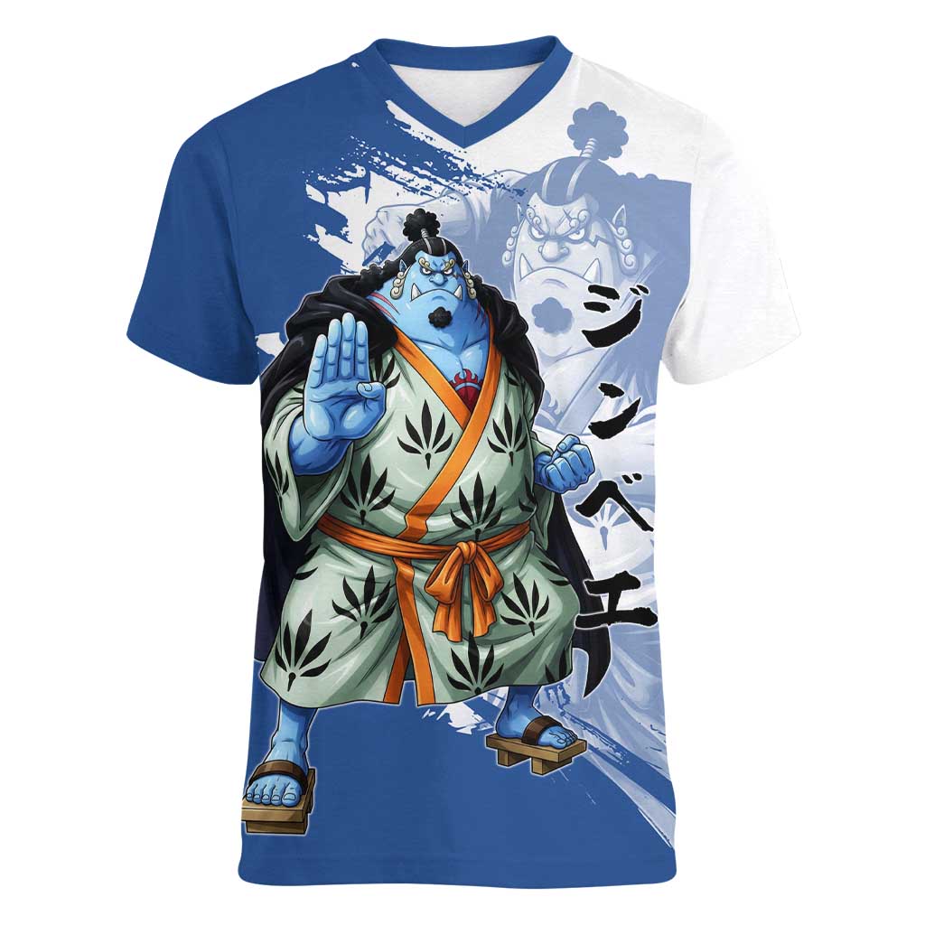 Jinbe One Piece Anime Women V-Neck T-Shirt Japanese Samurai Illustration Graphic