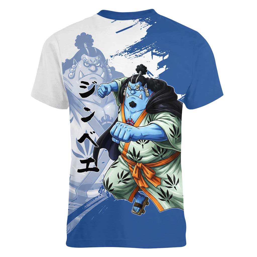 Jinbe One Piece Anime Women V-Neck T-Shirt Japanese Samurai Illustration Graphic