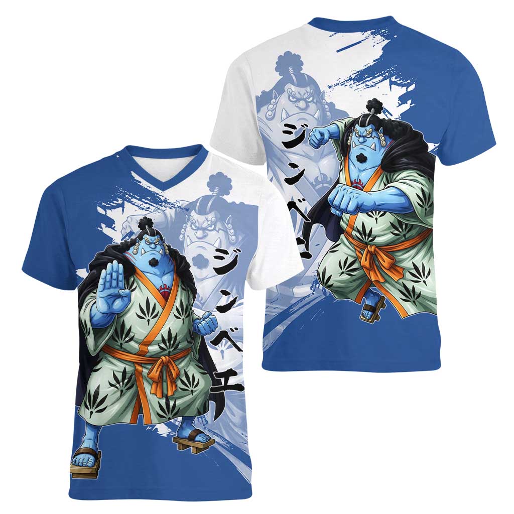 Jinbe One Piece Anime Women V-Neck T-Shirt Japanese Samurai Illustration Graphic