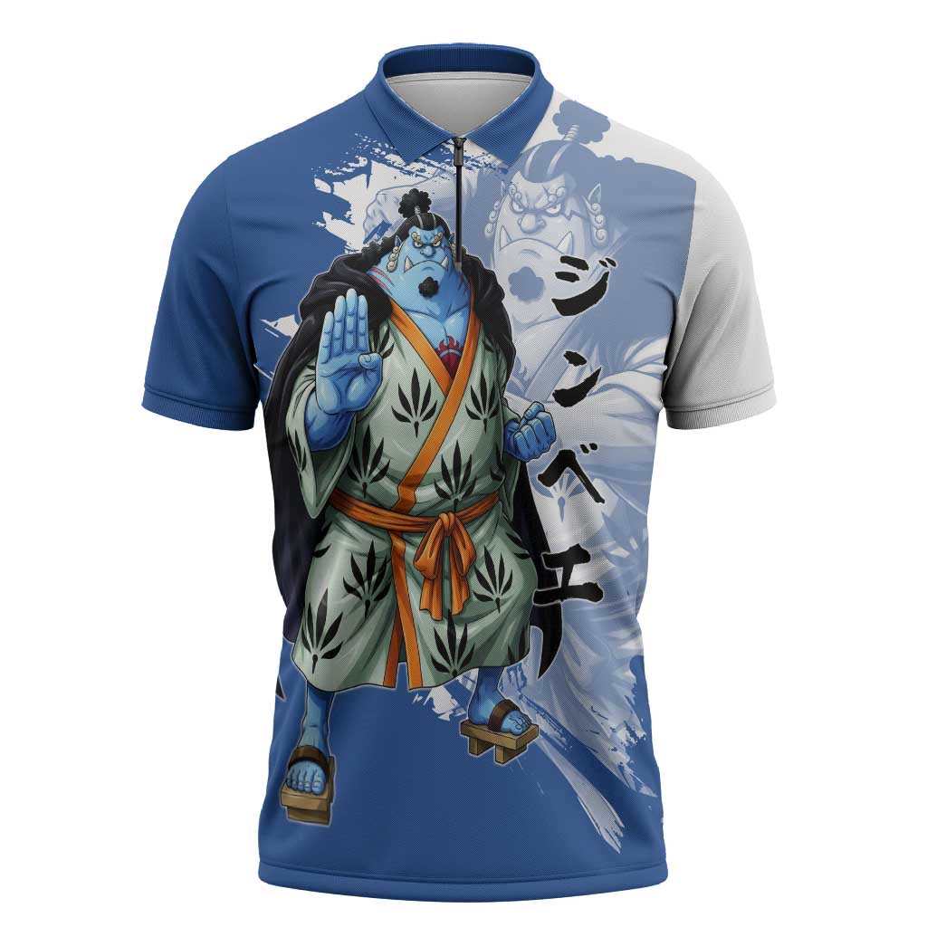 Jinbe One Piece Anime Zipper Polo Shirt Japanese Samurai Illustration Graphic