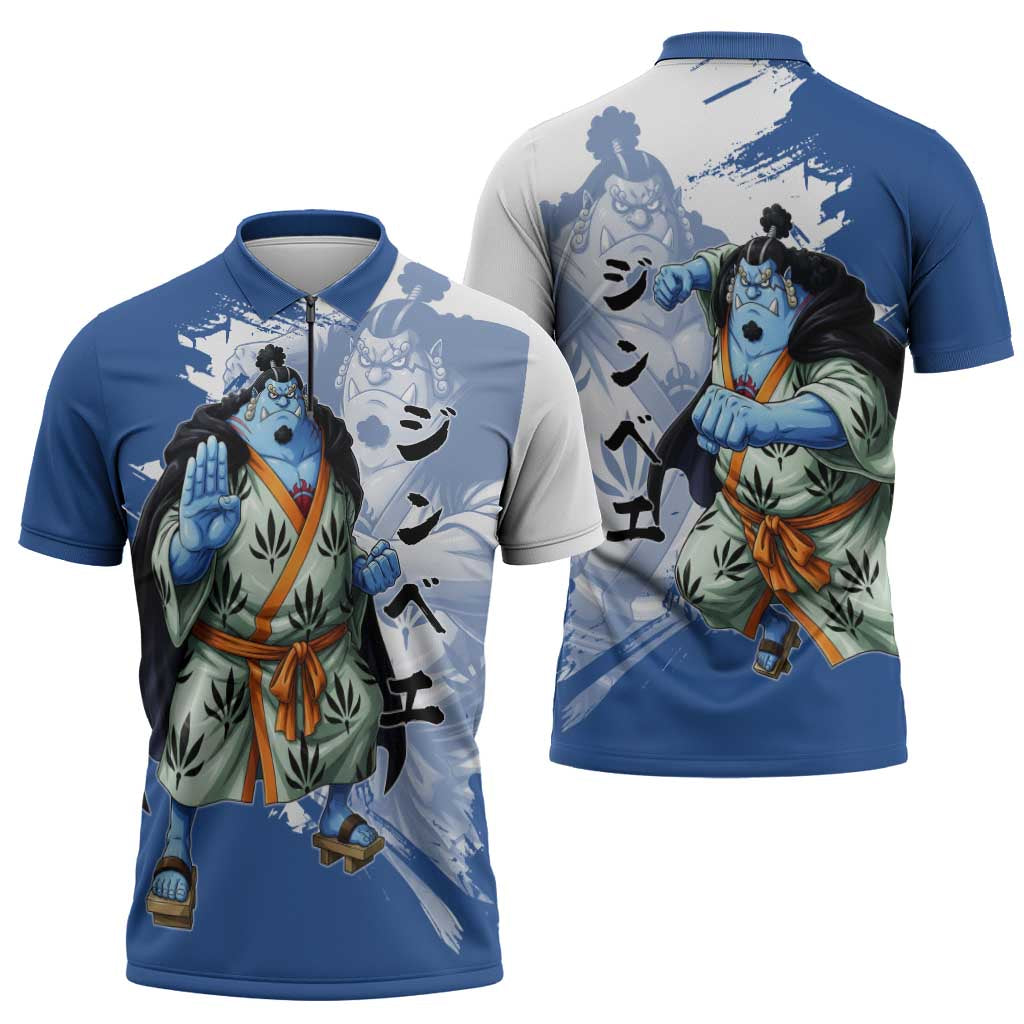 Jinbe One Piece Anime Zipper Polo Shirt Japanese Samurai Illustration Graphic