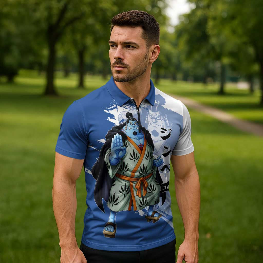 Jinbe One Piece Anime Zipper Polo Shirt Japanese Samurai Illustration Graphic