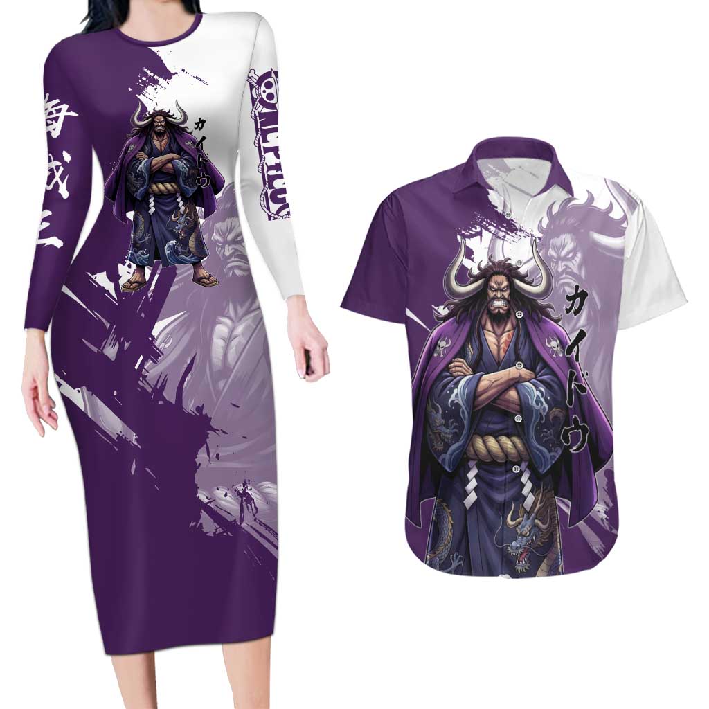 Kaido Anime Couples Matching Long Sleeve Bodycon Dress and Hawaiian Shirt One Piece Oni Warlord Graphic