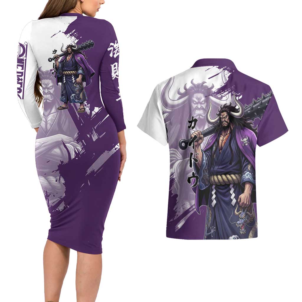 Kaido Anime Couples Matching Long Sleeve Bodycon Dress and Hawaiian Shirt One Piece Oni Warlord Graphic