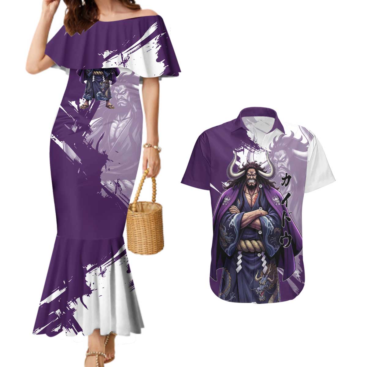 Kaido Anime Couples Matching Mermaid Dress and Hawaiian Shirt One Piece Oni Warlord Graphic