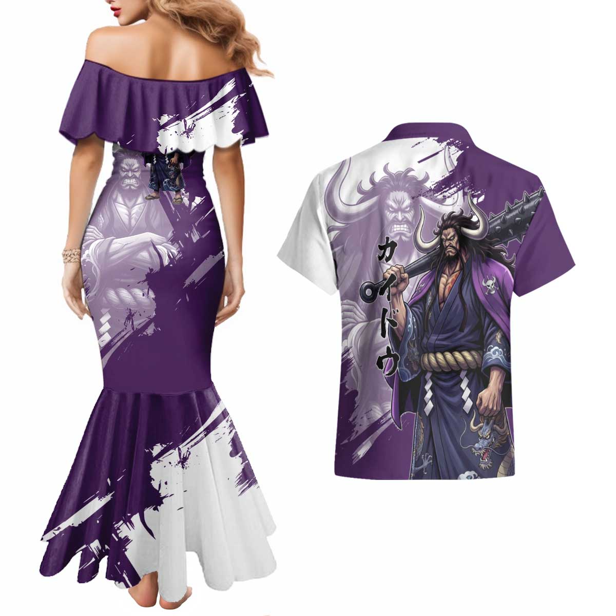 Kaido Anime Couples Matching Mermaid Dress and Hawaiian Shirt One Piece Oni Warlord Graphic