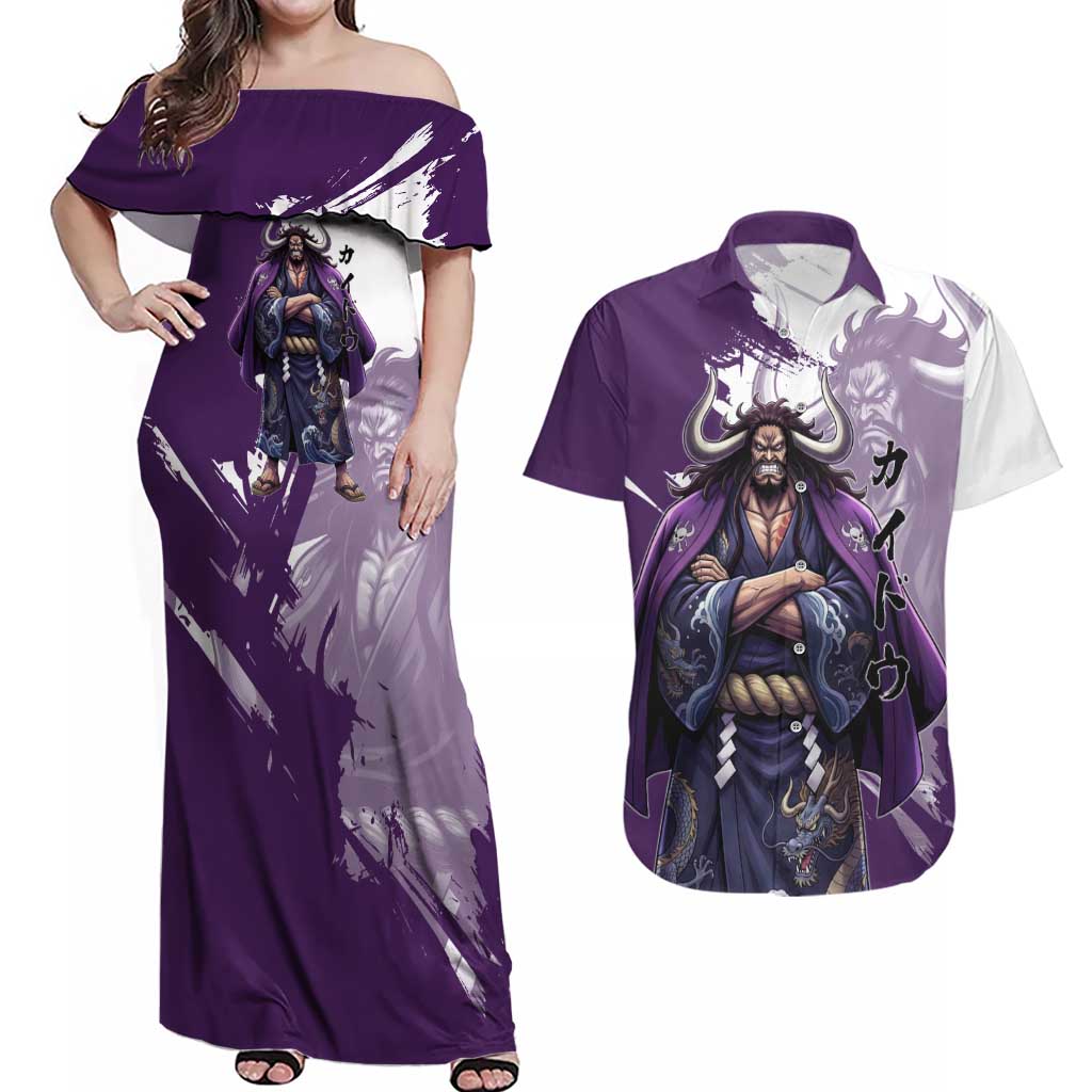 Kaido Anime Couples Matching Off Shoulder Maxi Dress and Hawaiian Shirt One Piece Oni Warlord Graphic