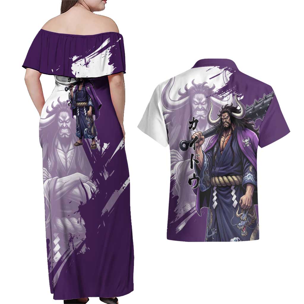 Kaido Anime Couples Matching Off Shoulder Maxi Dress and Hawaiian Shirt One Piece Oni Warlord Graphic