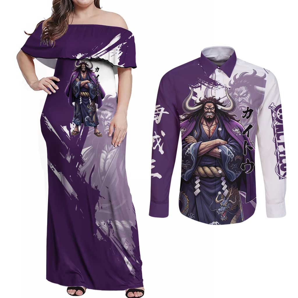 Kaido Anime Couples Matching Off Shoulder Maxi Dress and Long Sleeve Button Shirt One Piece Oni Warlord Graphic