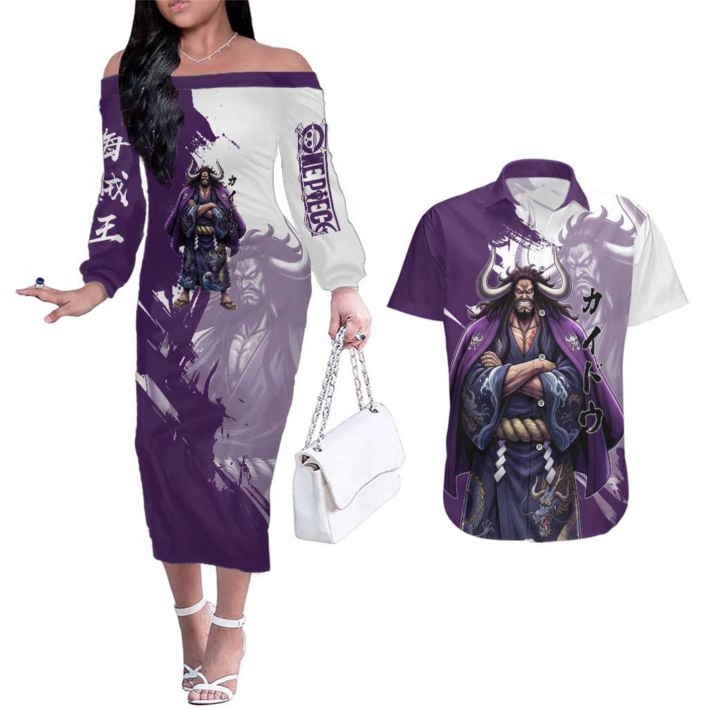 Kaido Anime Couples Matching Off The Shoulder Long Sleeve Dress and Hawaiian Shirt One Piece Oni Warlord Graphic